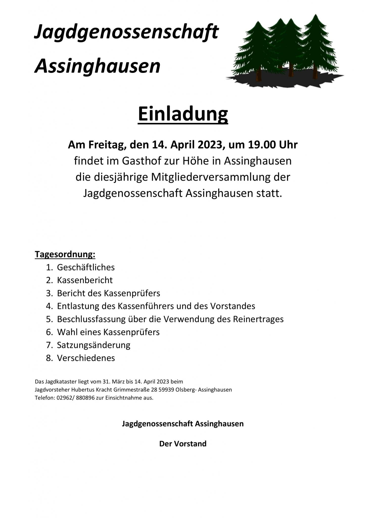 Einladung zur Versammlung der Jagdgenossenschaft Assinghausen